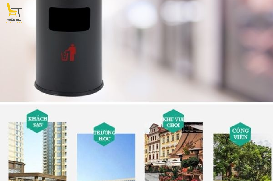Thùng rác bán nguyệt thép sơn tĩnh điện đen