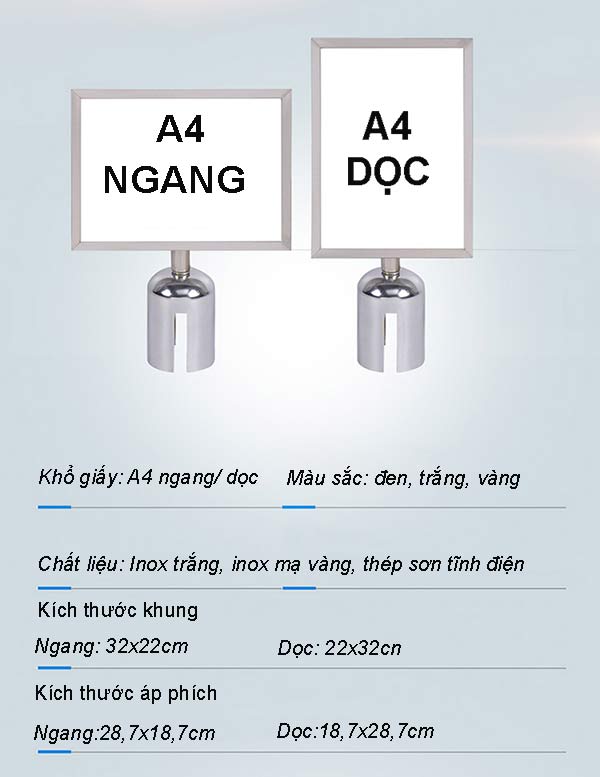 Hướng dẫn sử dụng  Lắp bảng lên đầu cột chắn inox theo đúng vị trí thiết kế. Đưa giấy thông báo, poster hoặc bảng hướng dẫn vào bên trong khung và cố định chắc chắn. Khi cần thay đổi nội dung, chỉ cần mở khung và thay tờ thông báo mới, thao tác nhanh chóng và thuận tiện.  Vì sao nên mua bảng thông báo gắn đầu cột chắn tại Nội Thất Trần Gia?  Nội Thất Trần Gia là đơn vị chuyên cung cấp cột chắn inox, phụ kiện cột chắn, bảng menu và bảng chỉ dẫn với mẫu mã đa dạng, chất lượng cao.  Khi lựa chọn sản phẩm tại Nội Thất Trần Gia, khách hàng sẽ được:  Sản phẩm chất lượng cao, hoàn thiện đẹp. Phù hợp với hầu hết các mẫu cột chắn inox. Có đủ kích thước A3 và A4. Đa dạng màu sắc lựa chọn. Giá bán cạnh tranh. Giao hàng nhanh trên toàn quốc. Hỗ trợ tư vấn lựa chọn phụ kiện phù hợp.  Nếu bạn đang tìm kiếm bảng thông báo gắn đầu cột chắn khổ A3 hoặc A4 để kết hợp phân làn và hiển thị thông tin chuyên nghiệp, Nội Thất Trần Gia là địa chỉ đáng tin cậy dành cho bạn.