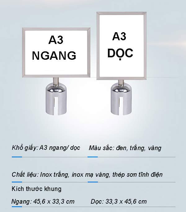 Hướng dẫn sử dụng  Lắp bảng lên đầu cột chắn inox theo đúng vị trí thiết kế. Đưa giấy thông báo, poster hoặc bảng hướng dẫn vào bên trong khung và cố định chắc chắn. Khi cần thay đổi nội dung, chỉ cần mở khung và thay tờ thông báo mới, thao tác nhanh chóng và thuận tiện.  Vì sao nên mua bảng thông báo gắn đầu cột chắn tại Nội Thất Trần Gia?  Nội Thất Trần Gia là đơn vị chuyên cung cấp cột chắn inox, phụ kiện cột chắn, bảng menu và bảng chỉ dẫn với mẫu mã đa dạng, chất lượng cao.  Khi lựa chọn sản phẩm tại Nội Thất Trần Gia, khách hàng sẽ được:  Sản phẩm chất lượng cao, hoàn thiện đẹp. Phù hợp với hầu hết các mẫu cột chắn inox. Có đủ kích thước A3 và A4. Đa dạng màu sắc lựa chọn. Giá bán cạnh tranh. Giao hàng nhanh trên toàn quốc. Hỗ trợ tư vấn lựa chọn phụ kiện phù hợp.  Nếu bạn đang tìm kiếm bảng thông báo gắn đầu cột chắn khổ A3 hoặc A4 để kết hợp phân làn và hiển thị thông tin chuyên nghiệp, Nội Thất Trần Gia là địa chỉ đáng tin cậy dành cho bạn.