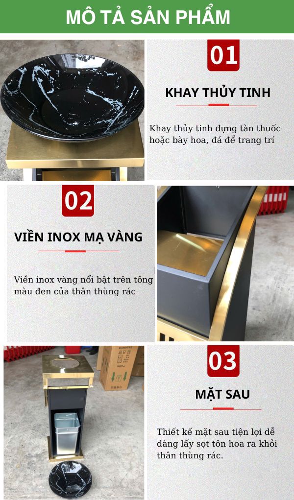 Thùng rác sảnh có gạt tàn thủy tinh