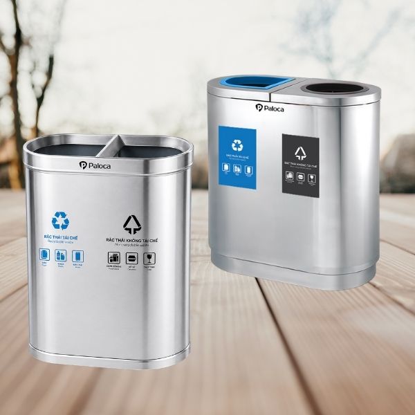 thùng rác inox 2 ngăn nắp hở phân loại rác