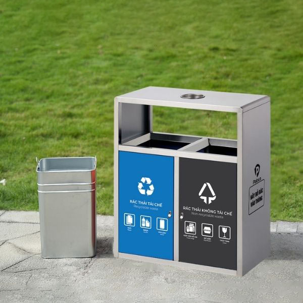 Thùng rác inox 2 ngăn cửa đẩy