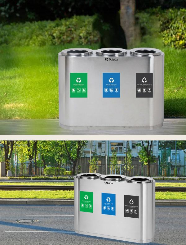 Thùng đựng rác bằng inox phân loại 3 ngăn