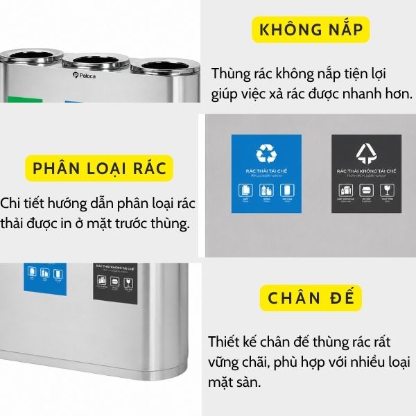 Thùng đựng rác bằng inox phân loại 3 ngăn