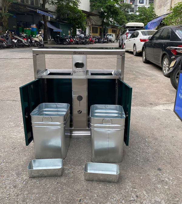Thùng rác inox 2 ngăn Paloca có gạt tàn mặt trước