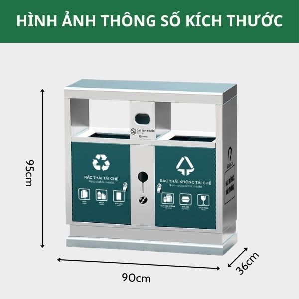Thùng rác inox 2 ngăn Paloca có gạt tàn mặt trước