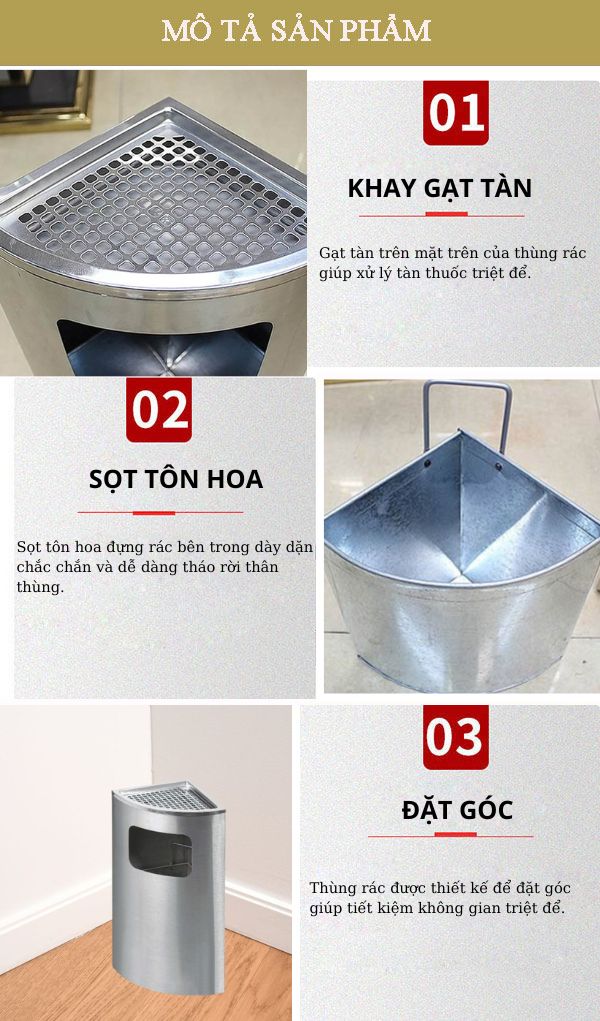 Thùng rác inox đặt góc có gạt tàn