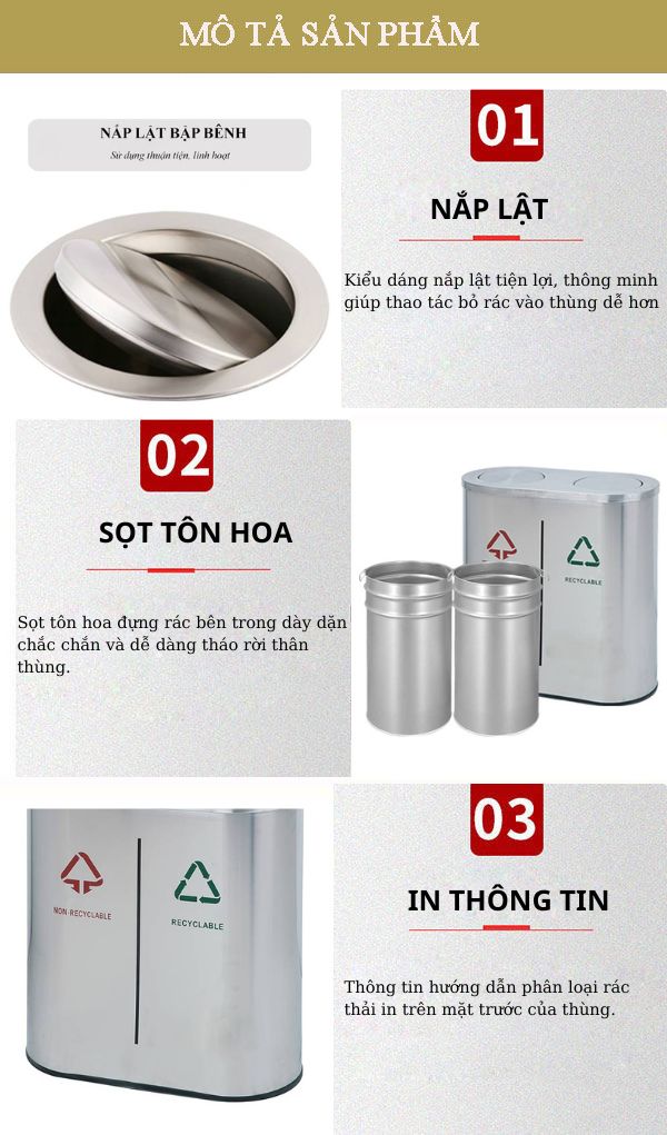 Thùng rác inox nắp lật phân loại 2 ngăn