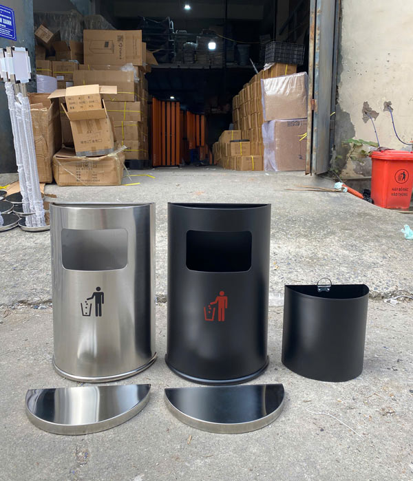 Thùng rác inox hình bán nguyệt trắng