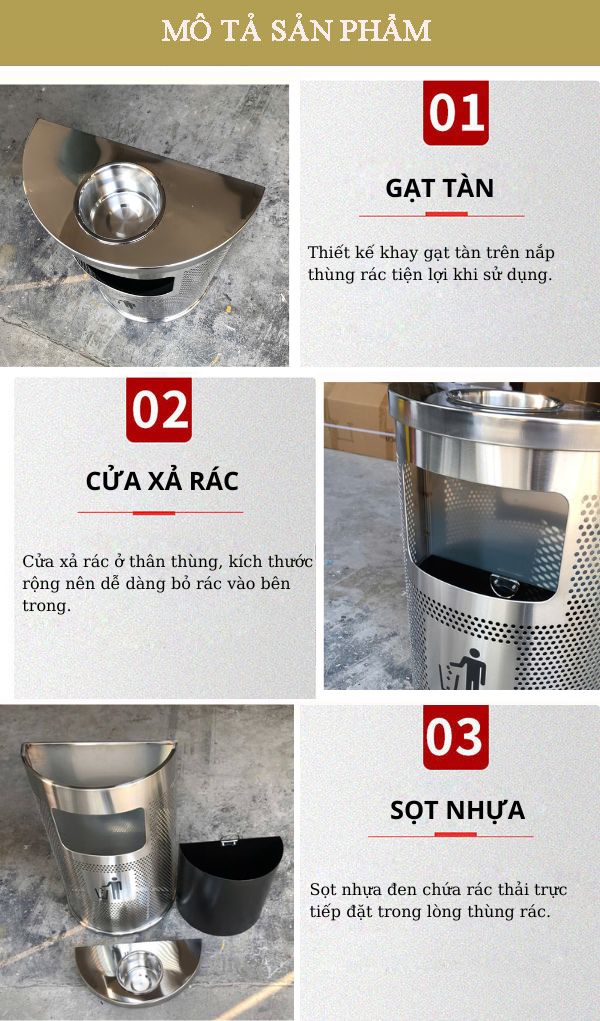 Thùng rác inox bán nguyệt có gạt tàn