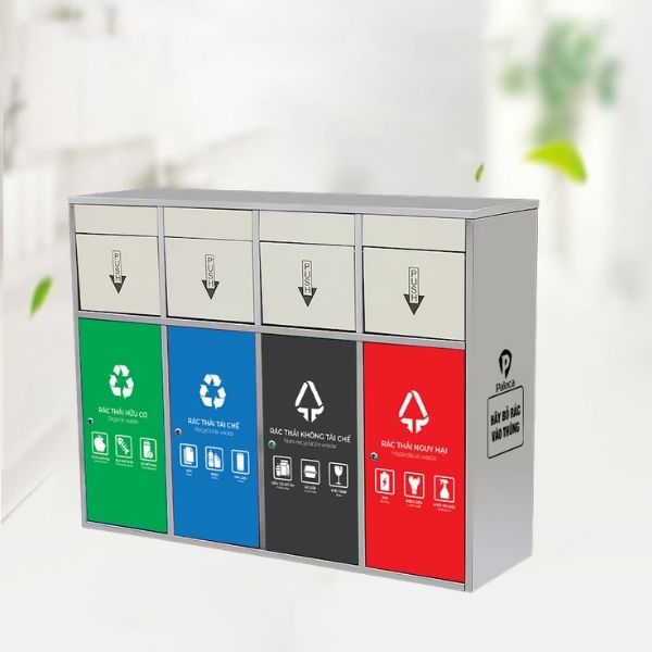 Thùng rác inox 4 ngăn cửa đẩy trong nhà ngoài trời