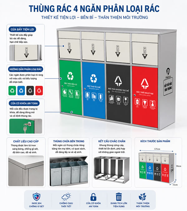 Thùng rác inox 4 ngăn cửa đẩy trong nhà ngoài trời