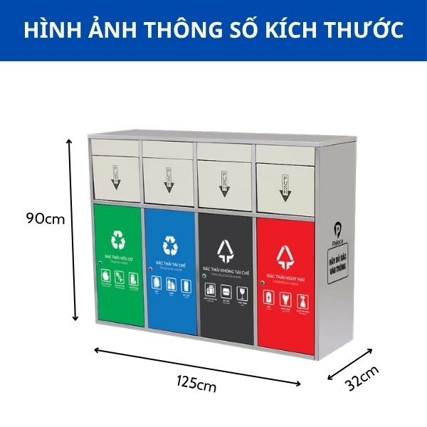 Thùng rác inox 4 ngăn cửa đẩy trong nhà ngoài trời