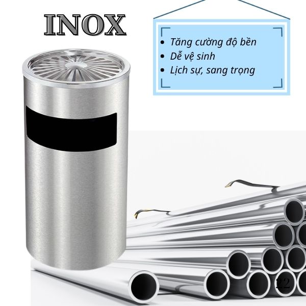 Thùng rác Inox tròn có gạt tàn Ø38cm