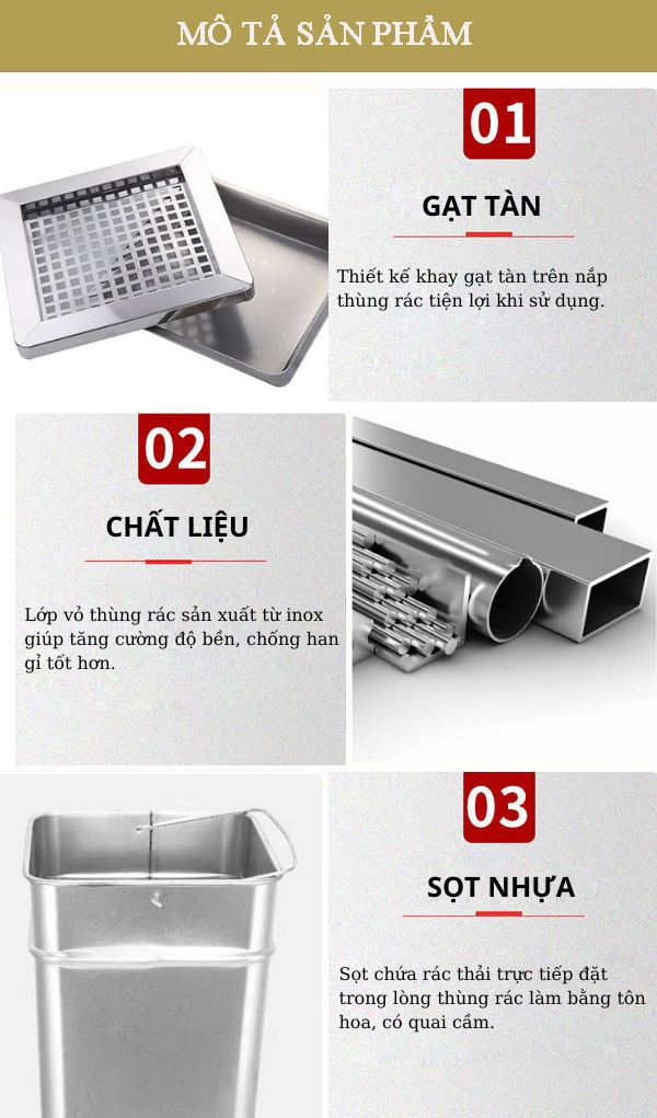 Thùng rác inox hình vuông có gạt tàn