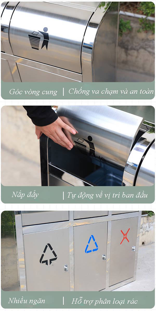 Thùng rác inox 3 ngăn cửa đẩy