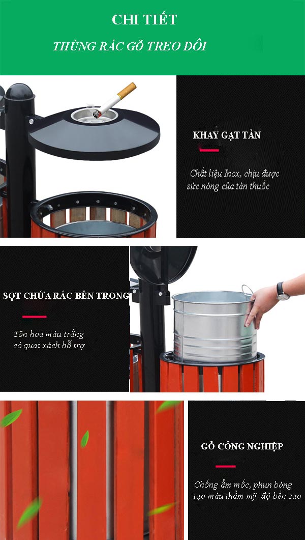 Thùng rác gỗ treo đôi