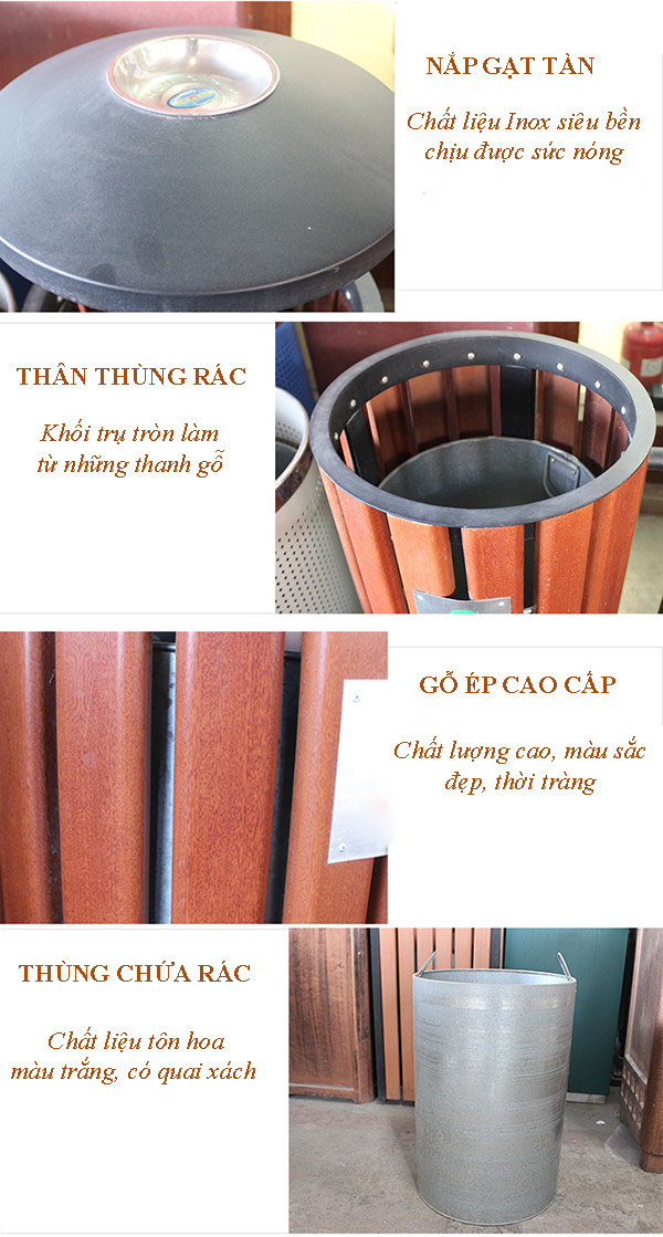 Thùng rác gỗ treo đơn ngoài trời có gạt tàn