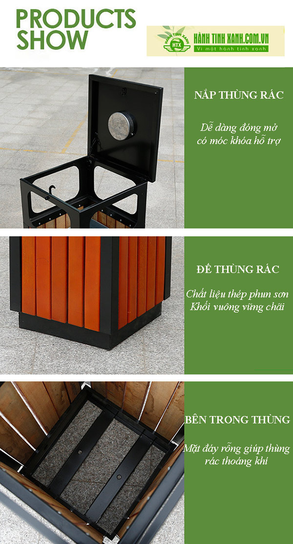 Thùng rác gỗ vuông ngoài trời có gạt tàn