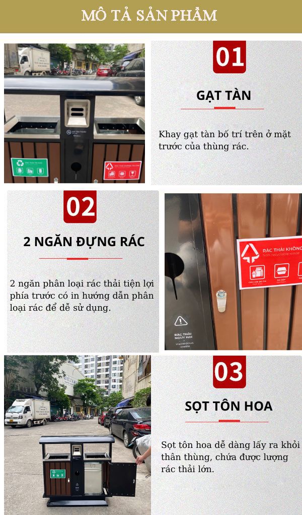 Thùng rác ngoài trời thép sơn giả gỗ hai ngăn