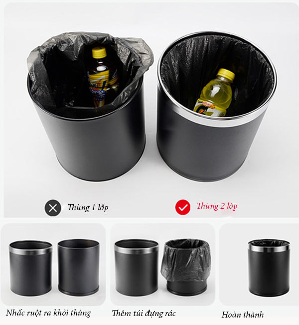 Thùng rác nhựa 2 lớp màu đen