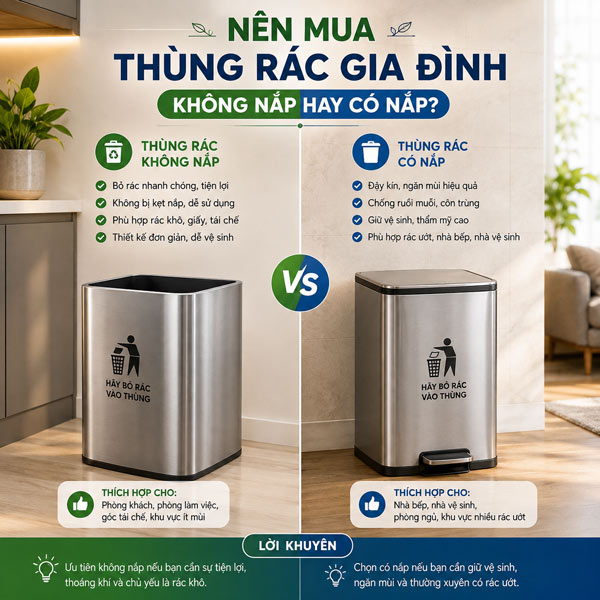 Thùng rác không nắp và có nắp