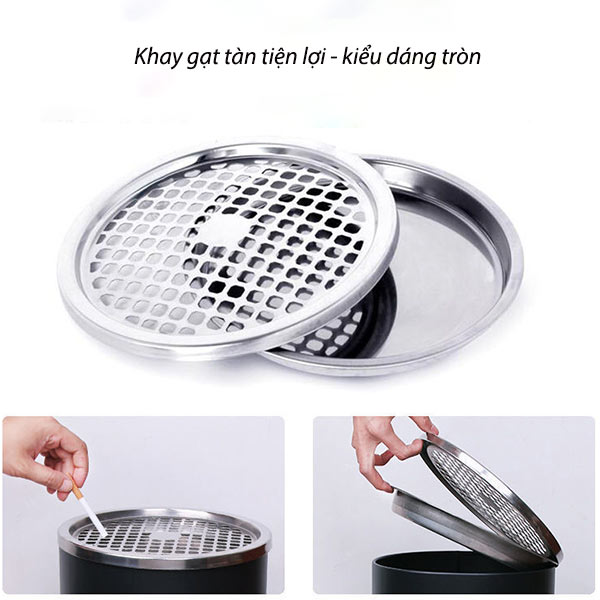 Thùng rác thép sơn đen tròn có gạt tàn