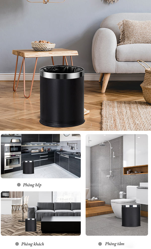 Thùng rác thép sơn đen 2 lớp