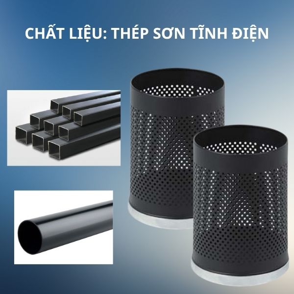Thùng rác thép sơn tĩnh điện đen dập lỗ