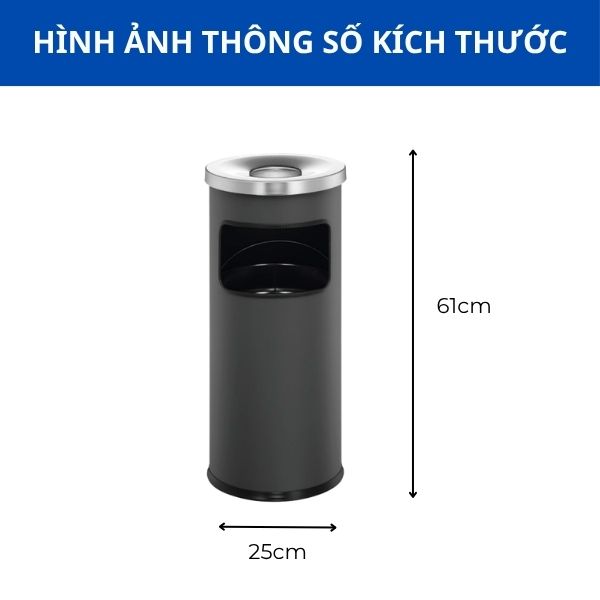 Thùng rác sơn đen tròn có gạt tàn Ø25 x 61cm