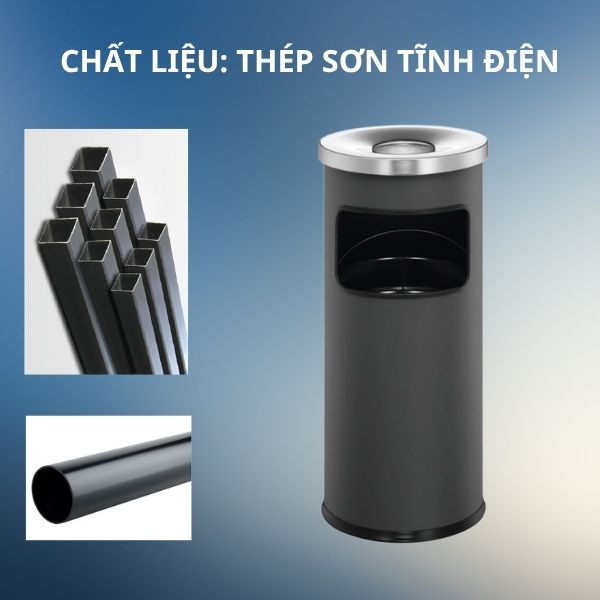 Thùng rác sơn đen tròn có gạt tàn Ø25 x 61cm