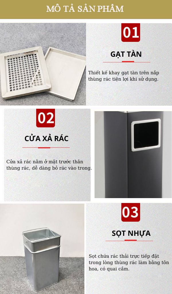Thùng rác gạt tàn chữ nhật thép sơn tĩnh điện