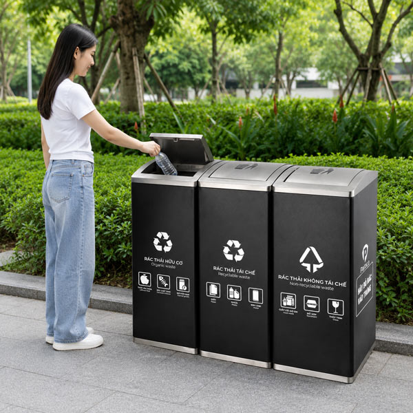 Thùng rác phân loại 3 ngăn bằng thép