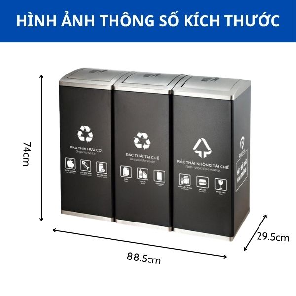 Thùng rác phân loại 3 ngăn bằng thép