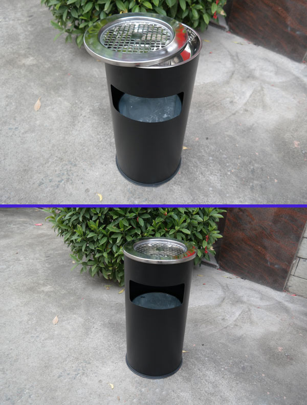 Thùng rác thép sơn đen tròn có gạt tàn
