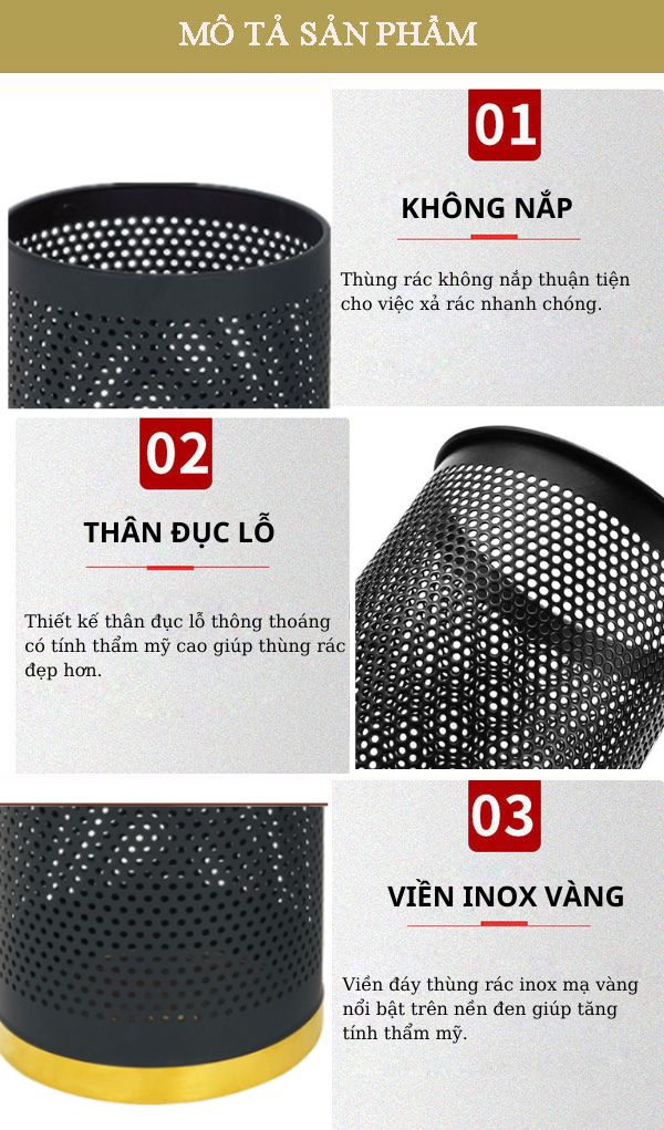 Thùng rác thép sơn tĩnh điện đen dập lỗ