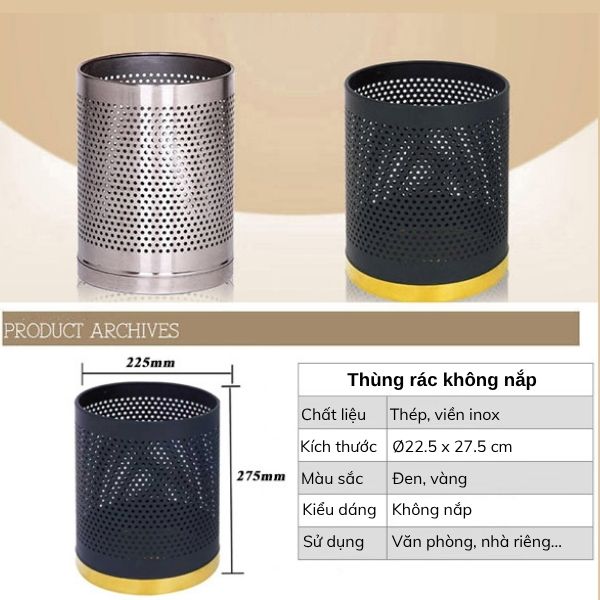 Thùng rác thép sơn tĩnh điện đen dập lỗ