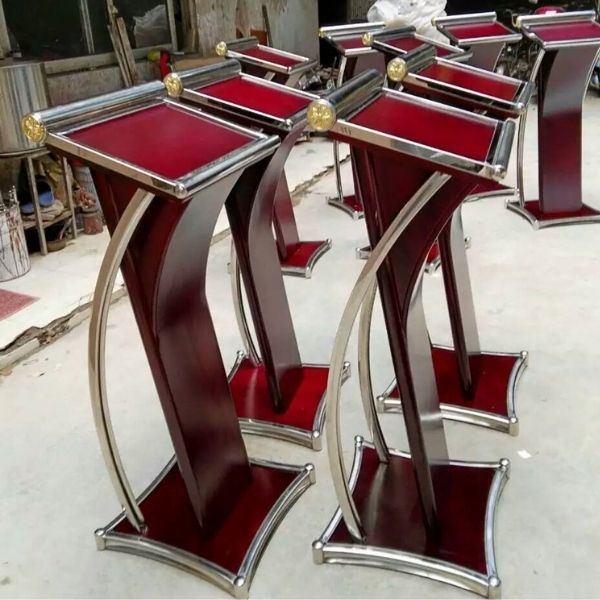 Bục phát biểu hội trường gỗ viền inox trắng/vàng