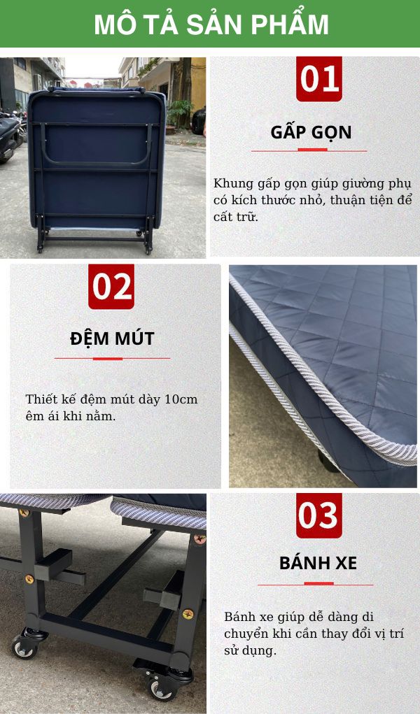 Giường extra bed gấp gọn nệm mút 10cm