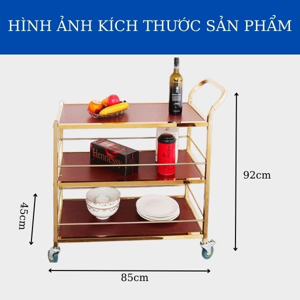 Xe đẩy phục vụ 3 tầng gỗ khung inox mạ vàng