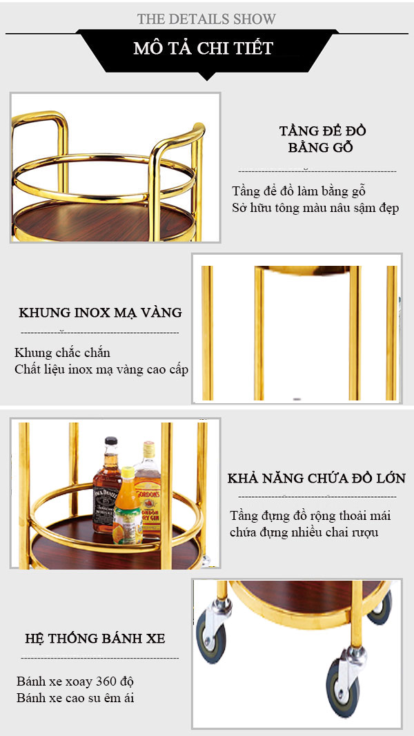 Xe đẩy phục vụ rượu inox mạ vàng tròn 2 tầng