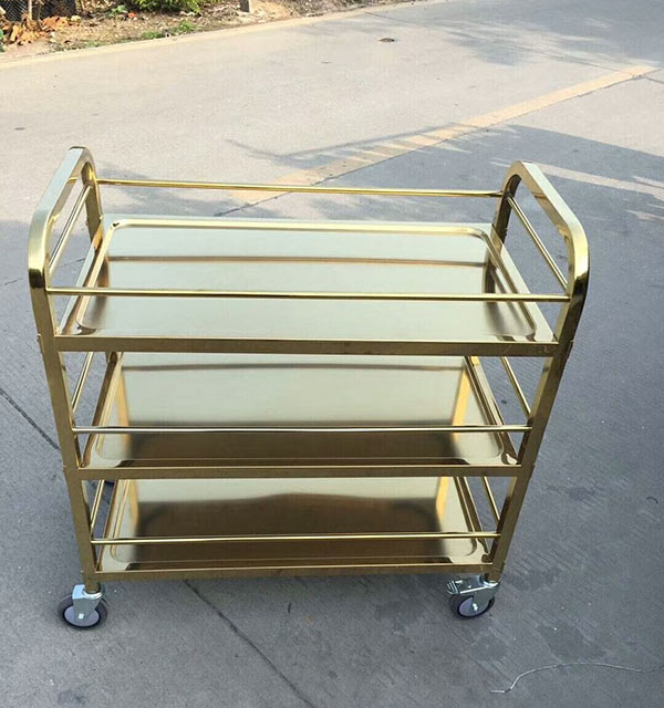 Xe phục vụ inox mạ vàng 3 tầng