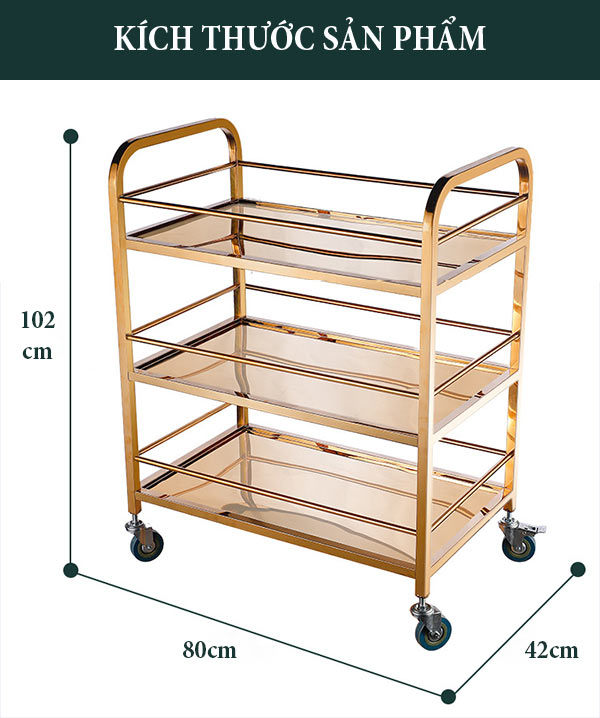 Xe phục vụ inox mạ vàng 3 tầng