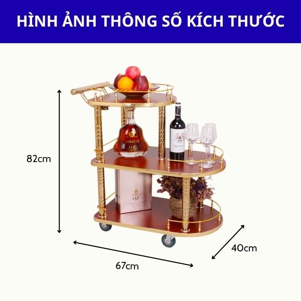 Xe phục vụ rượu inox mạ vàng 3 tầng 