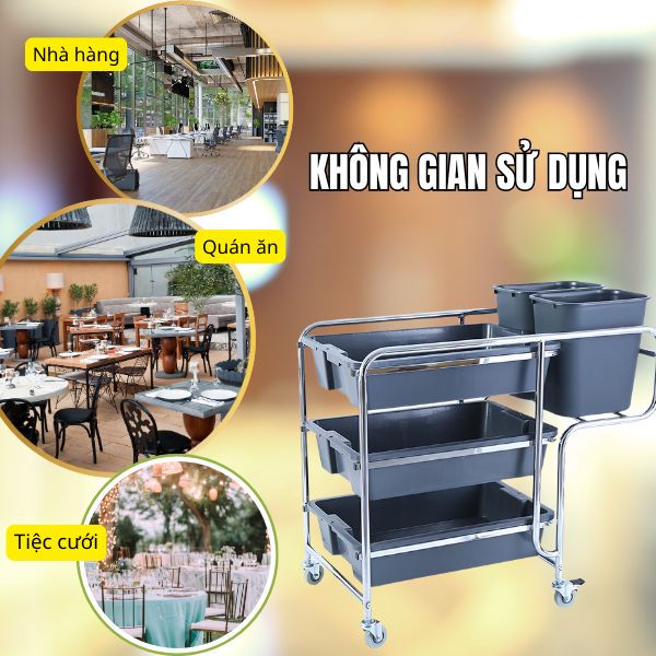 Xe dọn bàn 3 tầng khung inox
