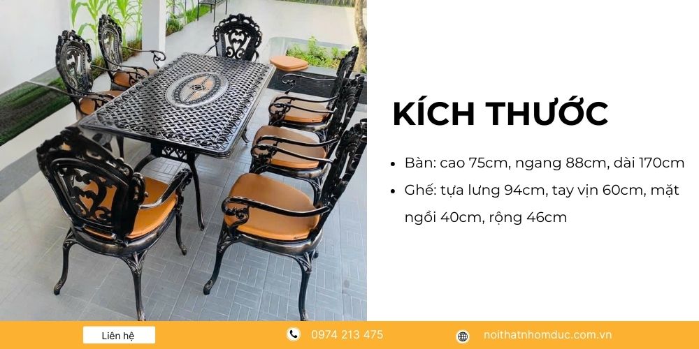 Kích thước bộ bàn ghế nhôm đúc