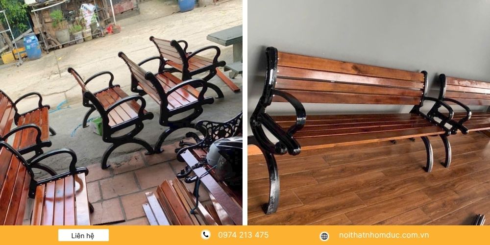 Mẫu ghế công viên sân vườn chân gang đúc nan gỗ GCV-2