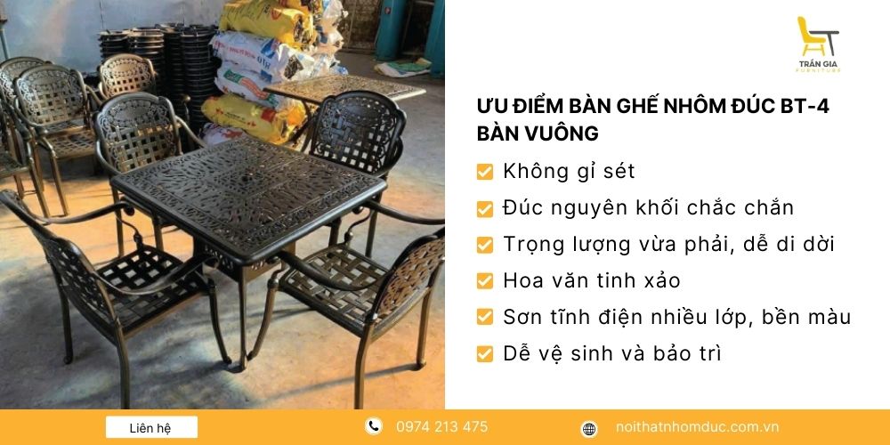 Ưu điểm nổi bật của bàn ghế nhôm đúc BT-4 bàn vuông