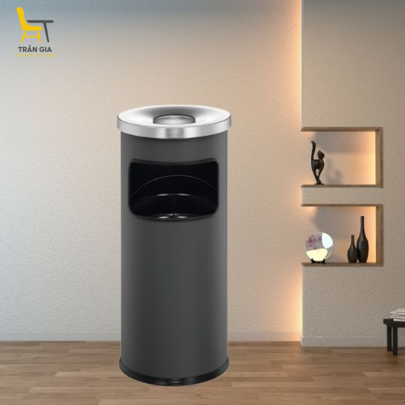 Thùng rác sơn đen tròn có gạt tàn Ø25 x 61cm
