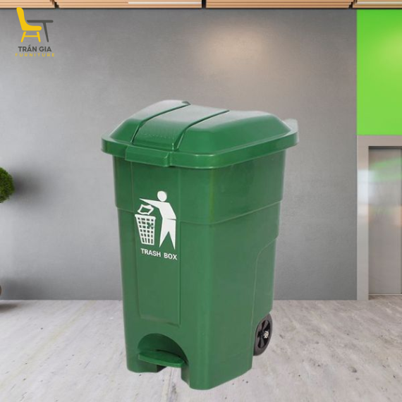 Thùng rác nhựa HDPE 70L đạp chân màu xanh